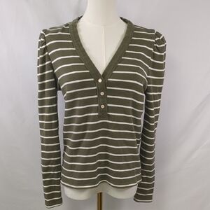 Modern Works Green White Striped V-Neck Long Sleeve Top Size M